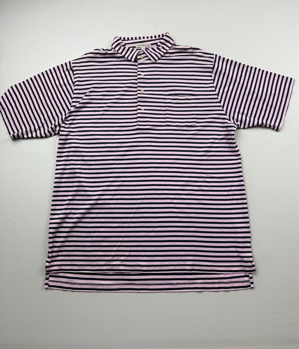Peter Millar Polo Shirt Mens XL Pink Navy Striped Golf Pocket Casual Knit